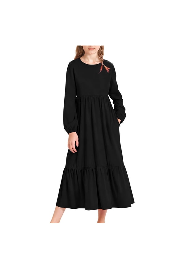 Maxi Dresses for Girls Long Sleeve and Ruffled Hem, Flowy Loose Fit Casual Kids Dress with Pockets Teen Girl Clothes