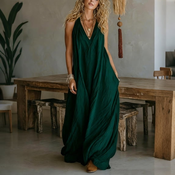 Xdegoge Maxi Dresses for Women Halter Neck Sleeveless Boho Beach Vacation Wear Flowy Loose Fit Pleated Ruched Design Lightweight Flowy Summer Dresses