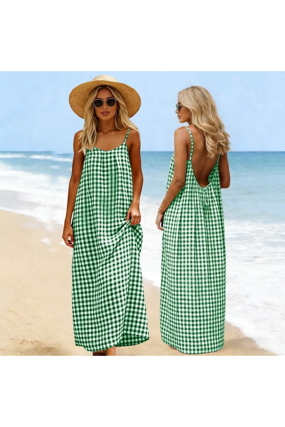 Maxi Dresses for Women Loose Fit Sleeveless Spaghetti Strap Sundress Plaid Backless Long Dress Casual Summer Vacation Beach Wear