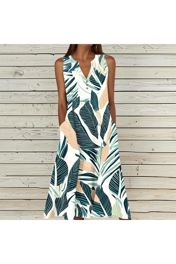 Maxi Dresses for Women Relaxed Fit Notch V-Neck Long Dresses Sleeveless Vacation Dress Vintage Aztec Pattern with Pockets Beach Holiday