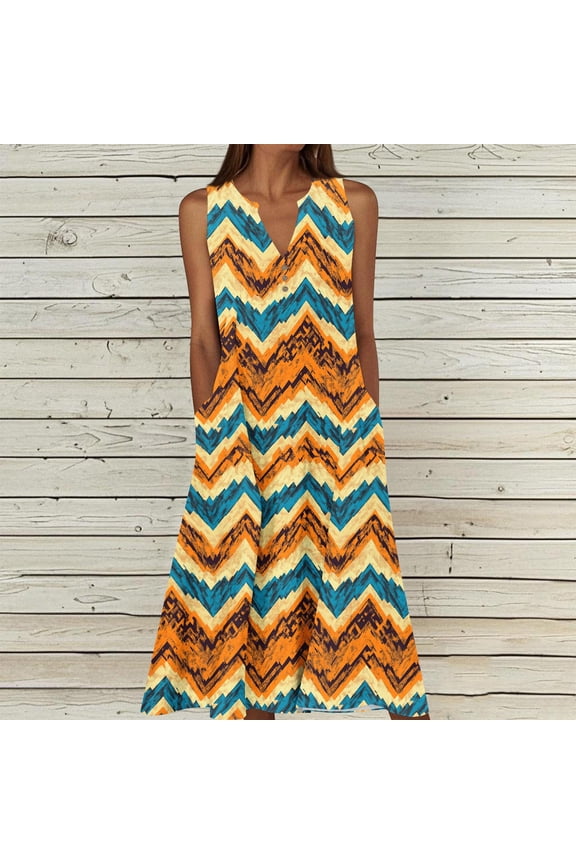 Maxi Dresses for Women Relaxed Fit Notch V-Neck Long Dresses Sleeveless Vacation Dress Vintage Aztec Pattern with Pockets Beach Holiday