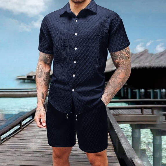 Xdegoge Men Matching Sets Outfits 2 Piece Casual Short Sleeve Collared Button Up Shirts and Shorts Tracksuits with Pockets Summer Waffle Knit Drawstring Set