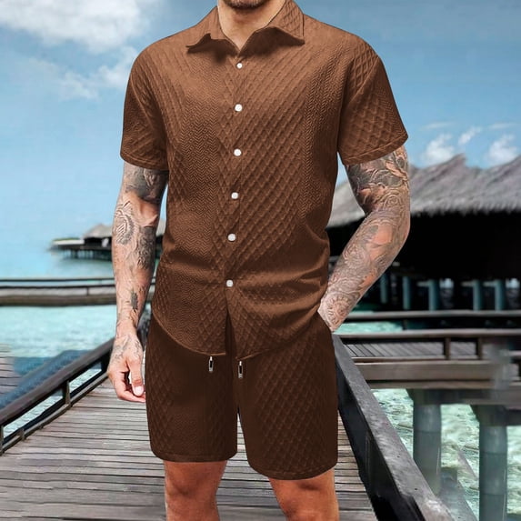 Xdegoge Men Matching Sets Outfits 2 Piece Casual Short Sleeve Collared Button Up Shirts and Shorts Tracksuits with Pockets Summer Waffle Knit Drawstring Set