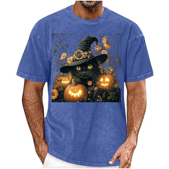 Xdegoge Men Vintage Halloween Graphic Tees Floral Pumpkin Cat Top Short Sleeve Casual Crewneck T-Shirt Novelty Fall Clothing for Holiday Festival Lounge Wear