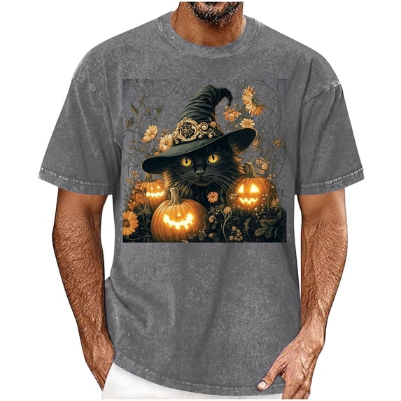 Xdegoge Men Vintage Halloween Graphic Tees Floral Pumpkin Cat Top Short Sleeve Casual Crewneck T-Shirt Novelty Fall Clothing for Holiday Festival Lounge Wear