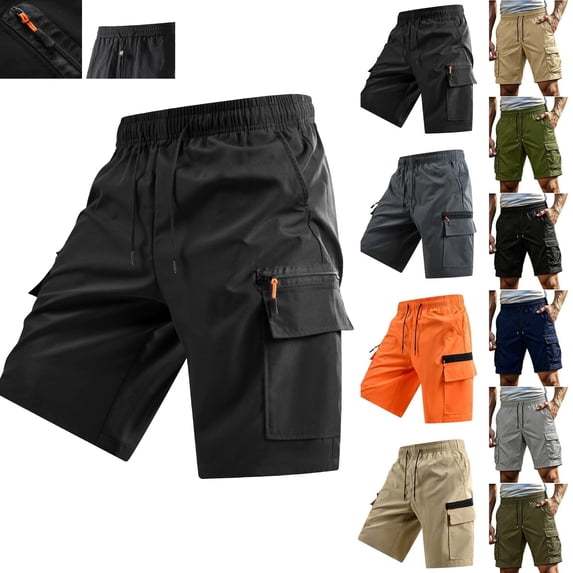 LEKWK Men Work Shorts Elastic Waist Lightweight Drawstring Cargo Shorts with Pockets Mid Rise Loose Fit Athletic Shorts Utility Zip Pocket Gym Hiking Casual Wear Black XXXL