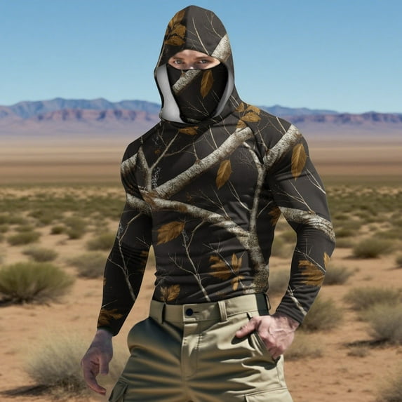 Xdegoge Men's Camo Print Long Sleeve Hoodie with Face Cover Tree Branch Pattern Sun Protection Shirt Athletic Hunting Performance Tops