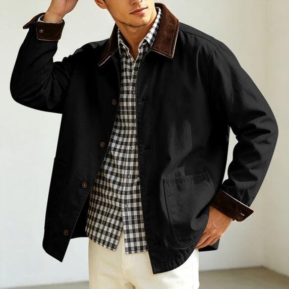Xdegoge Men's Canvas Chore Jacket Button Down Barn Coat Contrast Corduroy Collar Casual Outdoor Workwear Outerwear Pockets