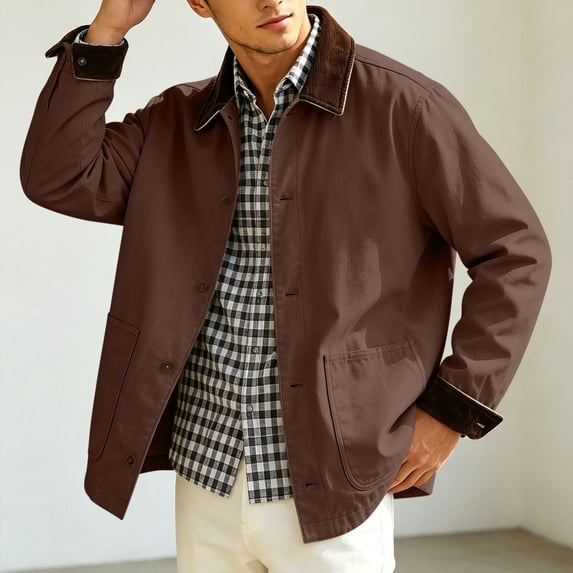 Xdegoge Men's Canvas Chore Jacket Button Down Barn Coat Contrast Corduroy Collar Casual Outdoor Workwear Outerwear Pockets