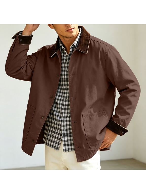 Men's Canvas Chore Jacket Button Down Barn Coat Contrast Corduroy Collar Casual Outdoor Workwear Outerwear Pockets