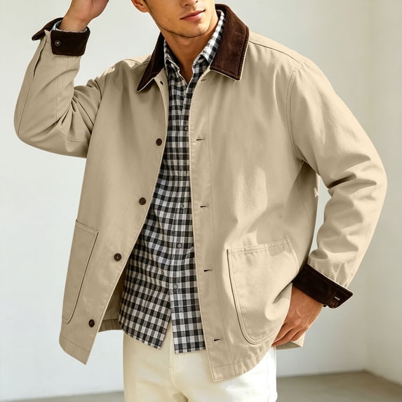 Xdegoge Men's Canvas Chore Jacket Button Down Barn Coat Contrast Corduroy Collar Casual Outdoor Workwear Outerwear Pockets