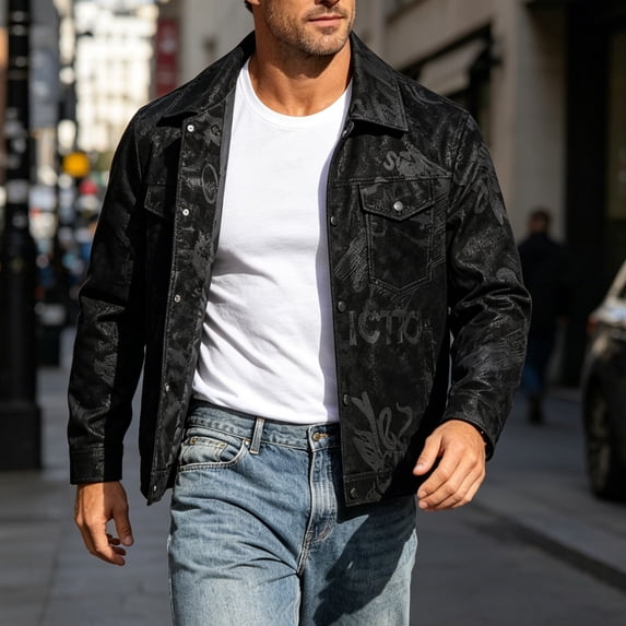 Xdegoge Men's Casual Button Down Jacket Vintage Patterned Long Sleeve Coat with Chest Pockets Lightweight Lapel Outerwear for Fall Spring Work Everyday Wear