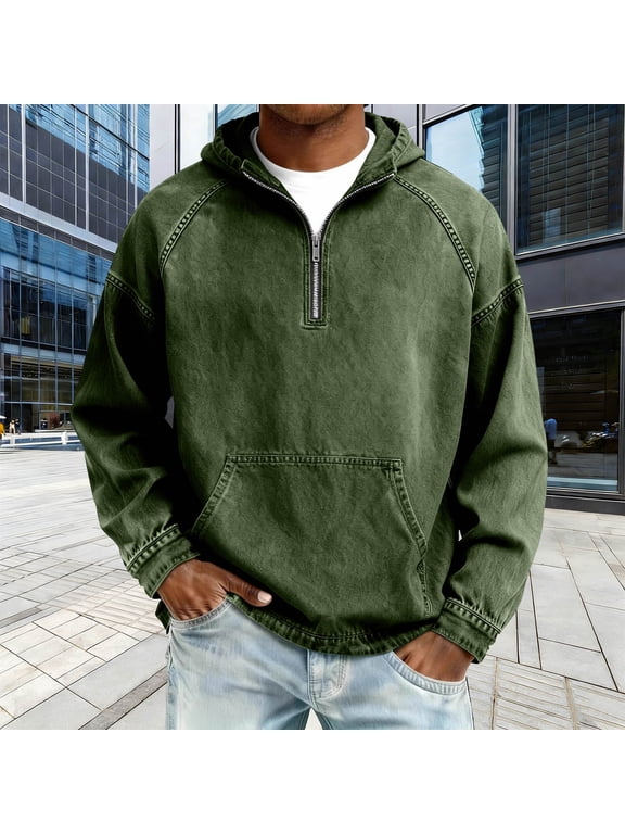 Men's Denim Hooded Sweatshirt Quarter Zip Pullover Long Sleeve Casual Loose Jacket with Kangaroo Pocket Vintage Washed Jean Outerwear Top