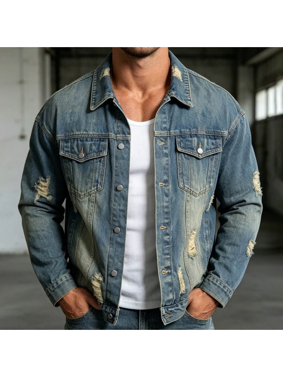 Men's Distressed Denim Jacket Casual Button Down Trucker Coats Ripped Vintage Long Sleeve Jean Outerwear for Fall Winter