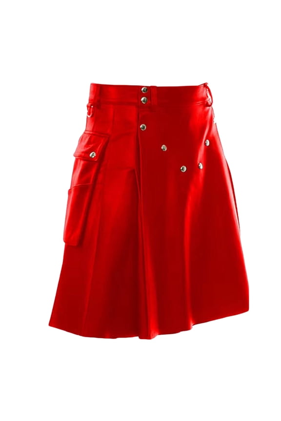 Men's Faux Leather Skirts PU Pocket Decorative Button Utility Kilt, Medieval Pleated Short Skirt for Scottish Festivals and Renaissance Fairs, Durable Themed Costume
