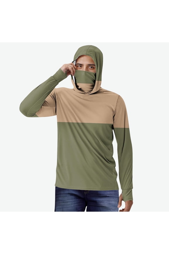 Men's Fishing Hoodie Color Block Long Sleeve Sun Protection Shirt with Built-in Face Mask Rash Guard Top UPF 50+ Hiking Outdoor Performance Beachwear