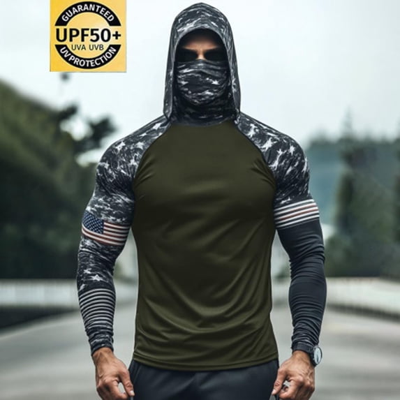 Xdegoge Men's Flag Pattern Sun Protection Hoodie Long Sleeve Quarter Zip Style Effect Sun Shirt with Mask Patriotic Performance Apparel for Sporting & Holiday Events