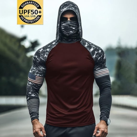 Xdegoge Men's Flag Pattern Sun Protection Hoodie Long Sleeve Quarter Zip Style Effect Sun Shirt with Mask Patriotic Performance Apparel for Sporting & Holiday Events