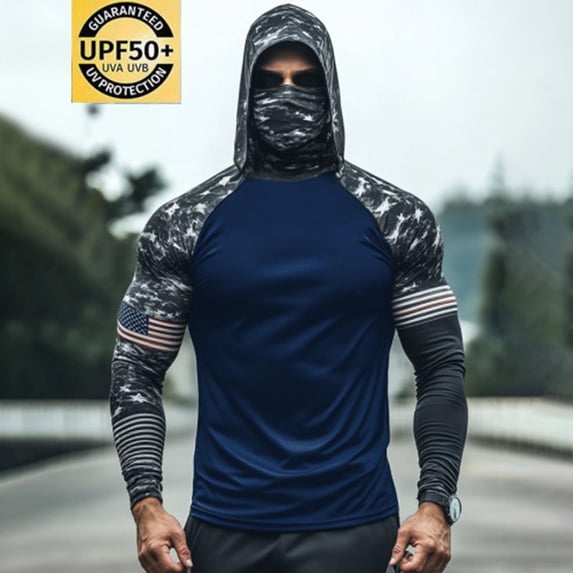 Xdegoge Men's Flag Pattern Sun Protection Hoodie Long Sleeve Quarter Zip Style Effect Sun Shirt with Mask Patriotic Performance Apparel for Sporting & Holiday Events