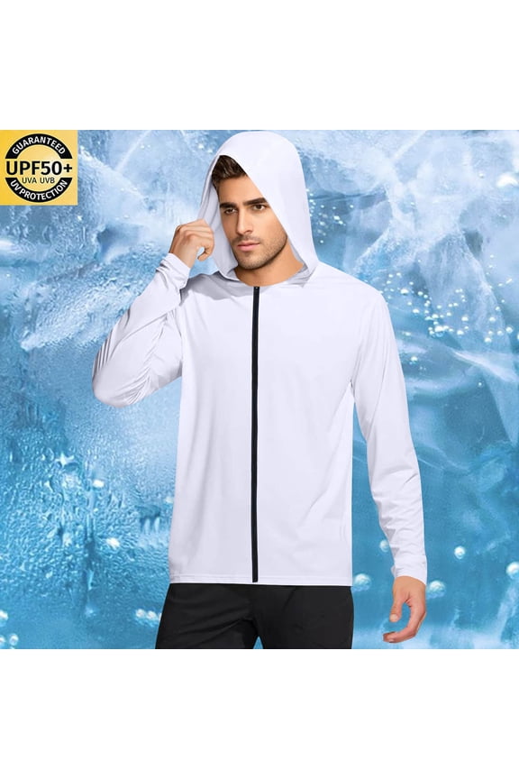 Men's Full Zip Sun Protection Hoodie Long Sleeve Cooling Jacket UPF 50+ Hooded Windbreaker Beach Vacation Fishing Outerwear