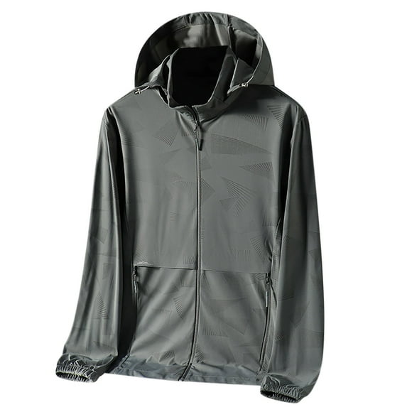Xdegoge Men's Geometric Print Sun Jacket Lightweight Full Zip Hoodie Loose Fit Long Sleeve Quick-Dry Windbreaker Hidden Zipper Pockets Travel Vacation Outfits