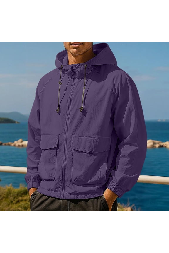 Men's Hooded Sun Shield Jacket Loose Fit Drawstring Long Sleeve Windbreaker Cargo Pocket Detail Outdoor Hiking Adventure Wear
