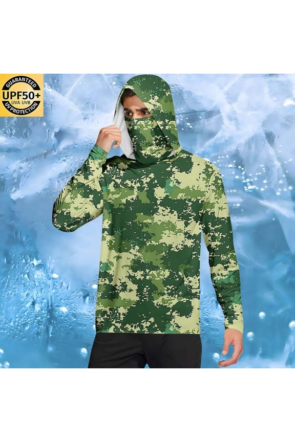 Men's Leaf & Branch Camo Sun Protection Hoodie Loose Fit Long Sleeve Fishing Shirt Hooded Face Mask Outdoor Adventure Workout Tops for Hiking