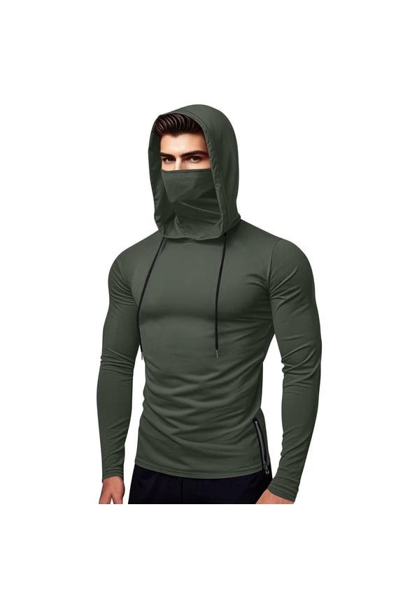 Men's Long Sleeve Hoodie with Built-in Face Mask Slim Fit Sun Protection Performance Shirt Side Zipper Outdoor Hiking Gear