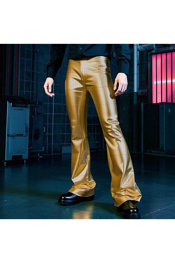 Men's Metallic Pants Retro 60s 70s Bell Bottom Trendy Shiny Nightclub Performance Flared Bottoms Stretchy Elastic Waist Disco Costume