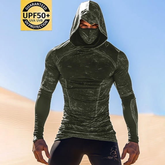 Xdegoge Men's Muscle Fit Sun Hoodie Integrated Face Mask Long Sleeve Compression Shirt Marble Pattern Athletic Outdoor Wear