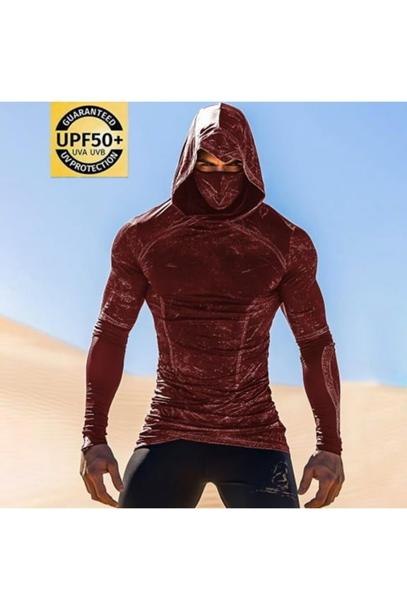 Men's Muscle Fit Sun Hoodie Integrated Face Mask Long Sleeve Compression Shirt Marble Pattern Athletic Outdoor Wear