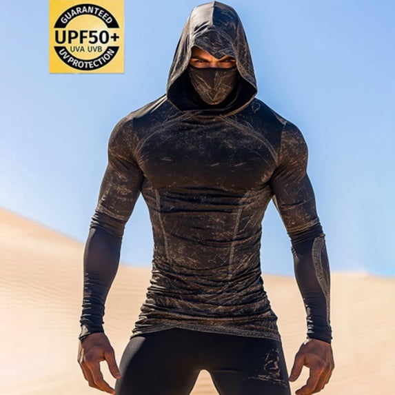 Xdegoge Men's Muscle Fit Sun Hoodie Integrated Face Mask Long Sleeve Compression Shirt Marble Pattern Athletic Outdoor Wear