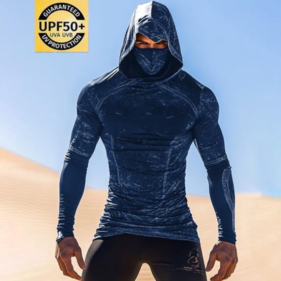 Xdegoge Men's Muscle Fit Sun Hoodie Integrated Face Mask Long Sleeve Compression Shirt Marble Pattern Athletic Outdoor Wear