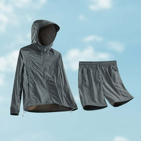 Xdegoge Men's Reflective Trim Sun Protection Set Hooded Zip Up Jacket with Matching Shorts Quick-Dry Athletic Tracksuit Active Workout Outfits for Outdoor Running