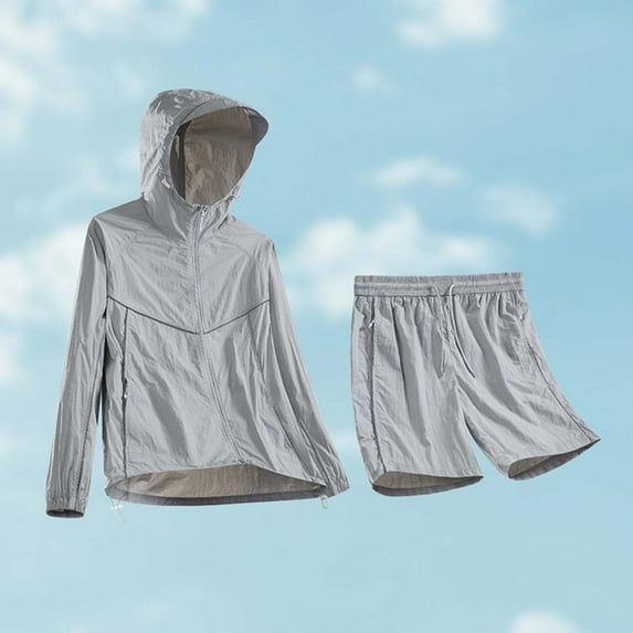Xdegoge Men's Reflective Trim Sun Protection Set Hooded Zip Up Jacket with Matching Shorts Quick-Dry Athletic Tracksuit Active Workout Outfits for Outdoor Running