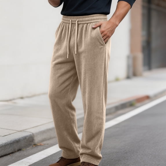 Xdegoge Men's Ribbed Corduroy Trousers Casual Straight Leg Loose Fit Drawstring Pants with Pockets Lightweight Comfy Vacation Wide Leg Sweatpants