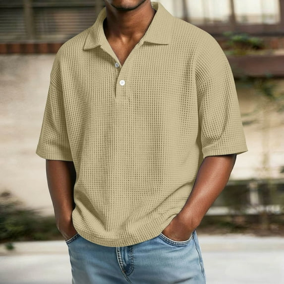 Xdegoge Men's Shirt Button Down Short Sleeve Textured Knit Casual Loose Lightweight Tops Solid Color Streetwear Pullover Summer Tee Top