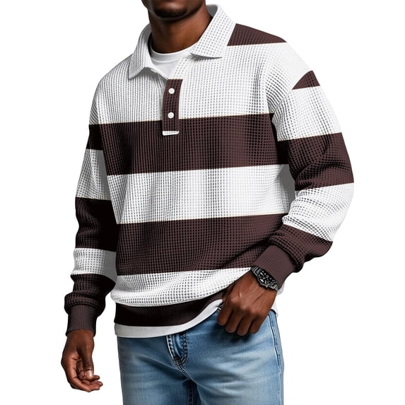 Xdegoge Men's Striped Shirt Long Sleeve Color Block Casual Fashion Tee Button Placket Soft Lightweight Muscle Pullover Knitted Top