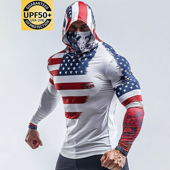 Xdegoge Men's Sun Protection Hooded Shirt Muscle Fit Long Sleeve US Flag Graphic Performance Quick-Dry Workout Hoodie Patriotic Athletic Training Outfits