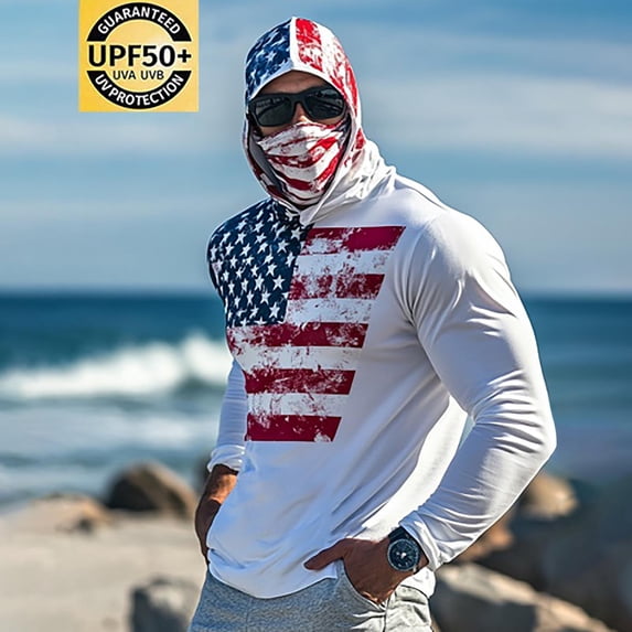 Xdegoge Men's Sun Protection Hooded Shirt Muscle Fit Long Sleeve US Flag Graphic Performance Quick-Dry Workout Hoodie Patriotic Athletic Training Outfits