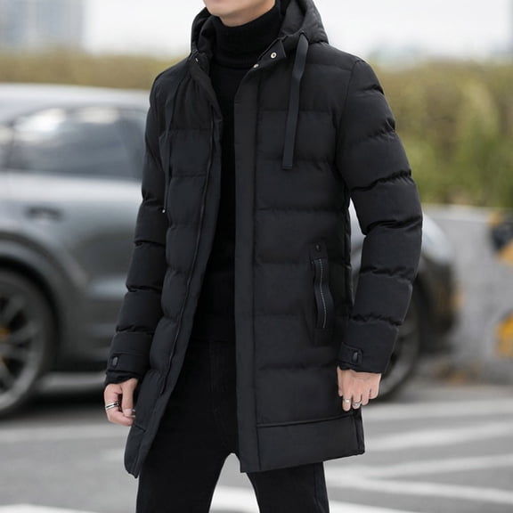 Xdegoge Men's Thick Jacket Full Zip Drawstring Hooded Jackets with Pockets Casual Loose Fitting Padded Coats Winter Thermal Solid Color Outerwear Waterproof Keep Warm Clothing