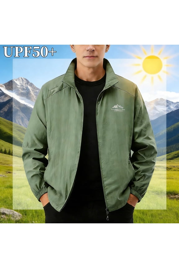 Men's UPF 50+ Sun Shield Jacket Regular Fit Stand Collar Long Sleeve Hiking Coat Mountain Logo Quick-Dry Sportswear Golf Trekking Casual Wear