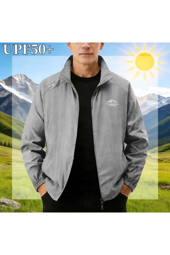 Men's UPF 50+ Sun Shield Jacket Regular Fit Stand Collar Long Sleeve Hiking Coat Mountain Logo Quick-Dry Sportswear Golf Trekking Casual Wear