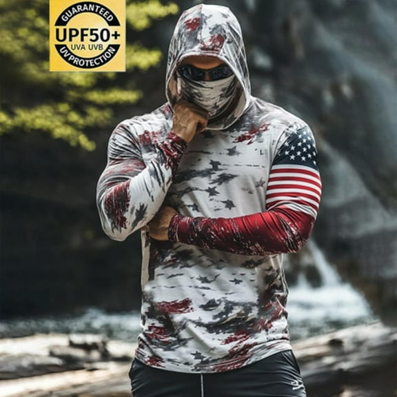 Xdegoge Men's USA Flag Camo Sun Hoodie Slim Fit Long Sleeve Performance Tee with Built-in Face Gaiter Outdoor Training Gear for Hunting & Range Wear