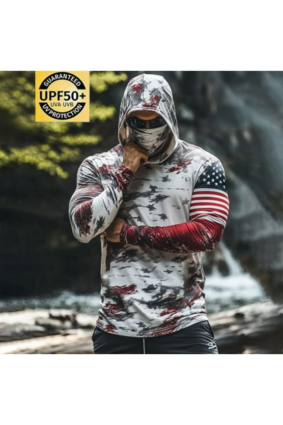 Men's USA Flag Camo Sun Hoodie Slim Fit Long Sleeve Performance Tee with Built-in Face Gaiter Outdoor Training Gear for Hunting & Range Wear
