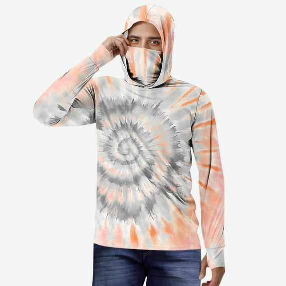 Xdegoge Men's UV Sun Protection Hoodie Quick-Dry Long Sleeve Performance Tee Face Mask Integrated Tie Dye Print Rash Guard Fishing Athletic Outfits