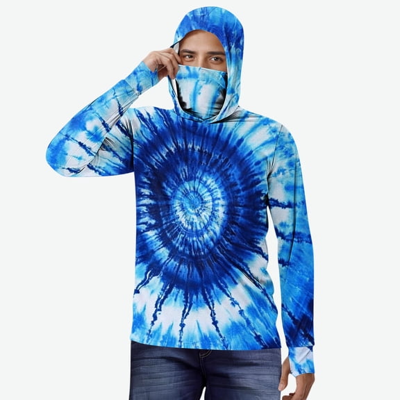Xdegoge Men's UV Sun Protection Hoodie Quick-Dry Long Sleeve Performance Tee Face Mask Integrated Tie Dye Print Rash Guard Fishing Athletic Outfits