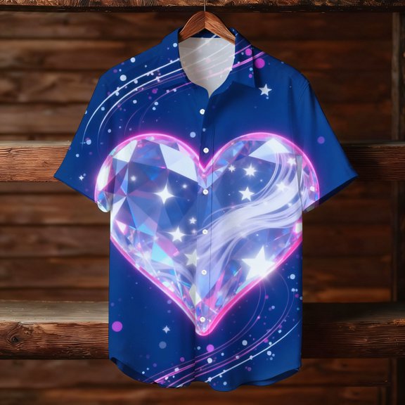 Xdegoge Men's Valentine's Day Shirt Short Sleeve Lapel Button Down Shirts Hawaiian Heart Print Top Curved Hem Tops Lightweight Fashion Holiday Valentines Outfits