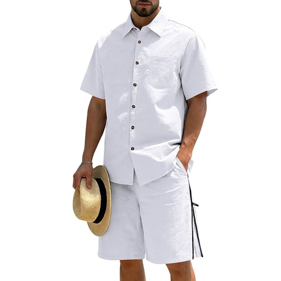Xdegoge Mens 2 Piece Outfits Linen Short Sleeve Set Button Down Shirt and Shorts with Zipper Pockets Drawstring Summer Beach Casual Fashion Sets