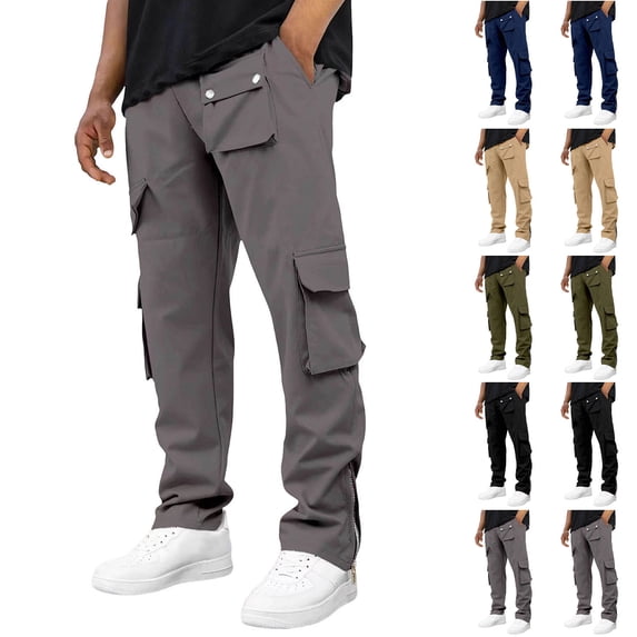 Xdegoge Mens Cargo Pants Elastic Waist Straight Leg Trousers Zippered Ankle Cuff Pant Lightweight Solid Color Streewear Trendy Casual Loose Workout Trouser with Pockets